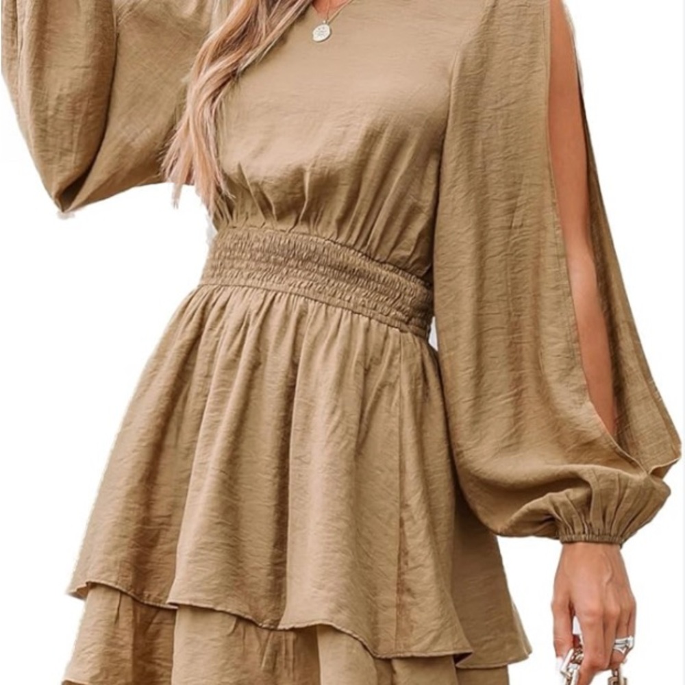 Cupshe Tan Long Sleeve Sundress w/Open Bishop Sleeves Size Large Rodeo Coastal